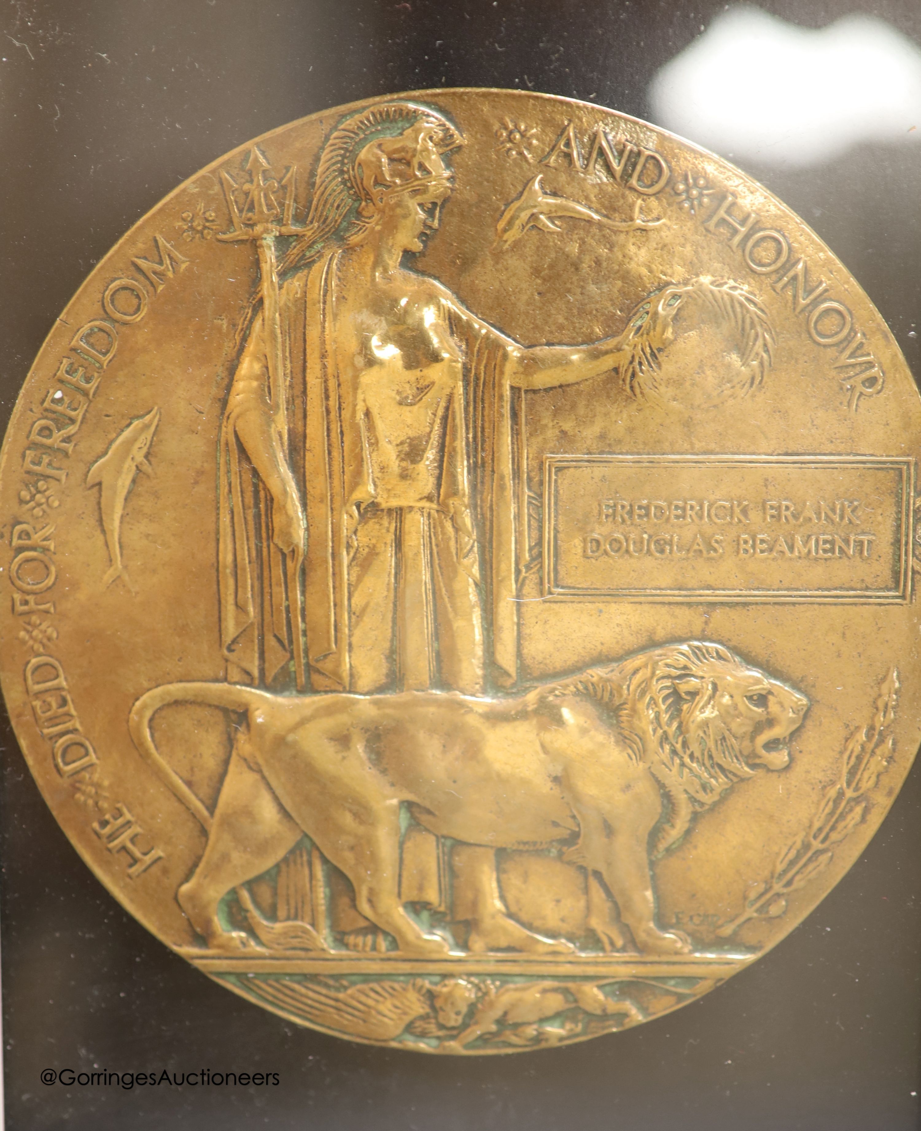 A WWI death plaque, Frederick Frank Douglas Beament